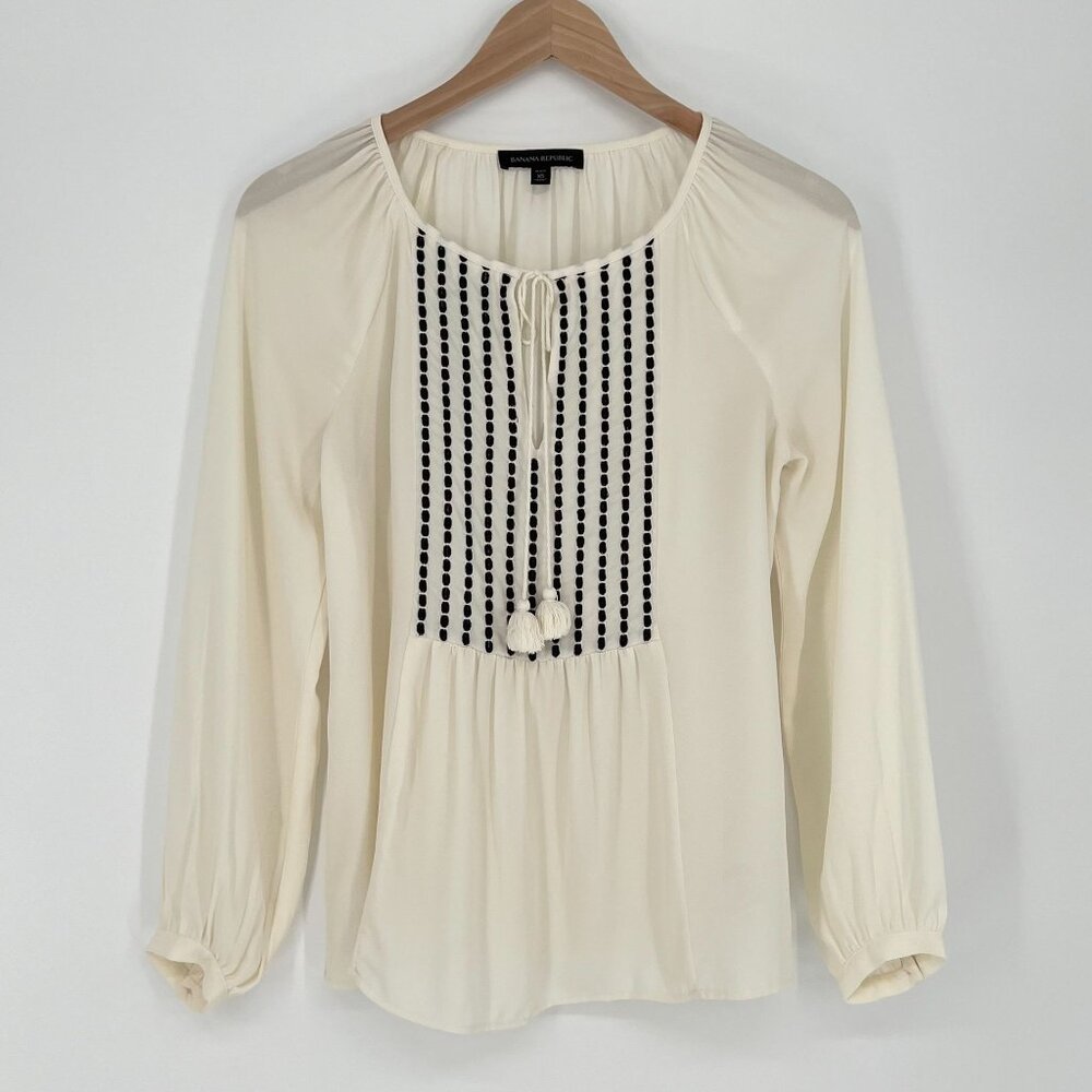 Banana Republic Womens Boho Tassel Embroidered Blouse Size XSP Ivory Long Sleeve